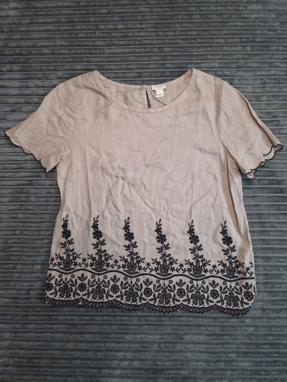 J. Crew Tan Linen Short Sleeve Tee with Black Floral Border Embroidery